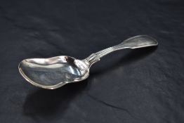 A William IV silver caddy spoon, fiddle and thread pattern spoon, the bowl of waisted or hourglass