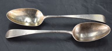 A pair of George III silver Old English pattern table spoons, engraved with initials PIE with pip