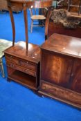 A reproduction Regency style TV cabinet, similar side cabinet and a demi lune occasional table