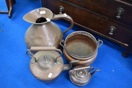 Two antique copper kettles , similar measure and cauldron pan, possibly bought from clearance sale
