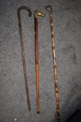 Three walking canes, including; brass horse headed cane and another example having carved horn study