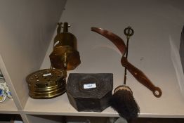 An antique copper dairy tool, a vintage brass meat Jack and a chestnut roaster etc.