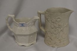 A Victorian pottery jug, moulded as an ivy clad cottage, and sold together with a moulded