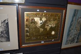 After Moses Pitt (1639-1697), print on gold foil, A world map seen through the eyes of Moses Pitt,