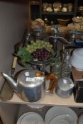 A selection of vintage flatware and plated ware, teapot, condiment set, tazza and candlestick to