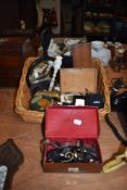 A miscellany of items, including a box of mixed watches, hand mirror, playing cards, Zippo lighter