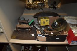 A mixed lot of items, including brass antique pressure gauge, flat iron, whisk, dough cutter,
