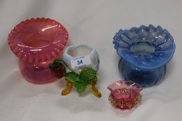 Four pieces of vaseline glass, including two Jack in the Pulpit,vases having scalloped edges, one in