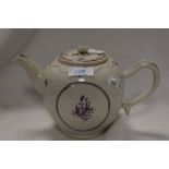 An 18th/19th Century Newhall pottery porcelaine teapot of bullet form, having mauve decoration.