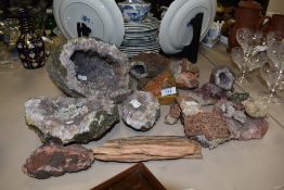 A collection of geodes and natural stone samples.