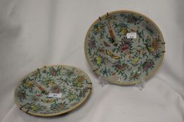 Two Chinese Famile rose palette Cantonese plates, having Celadon ground with colourful sprays of