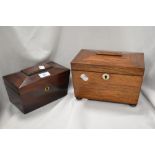 Two 19th century tea caddies, one of mahogany having beading to lid, brass escutcheon and two