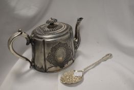 A silver plated tea pot having decorative finial and a tablespoon having embossed fruit pattern.