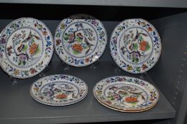A group of seven 19th century Davenport Ironstone plates, transfer-printed and over-painted in the