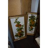 A pair of late 19th/early 20th century paintings on opaque glass panels, fruiting foliage within