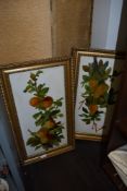 A pair of late 19th/early 20th century paintings on opaque glass panels, fruiting foliage within