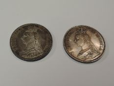 A Queen Victoria 1887 Silver Crown & a Queen Victoria 1887 Silver Double Florin, both Jubilee Head