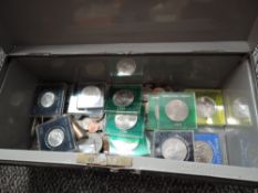 A metal storage tin containing GB Decimal Coinage and GB Crowns including 10, 2, 1p, £2, 50p etc