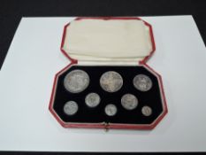A George V 1911 Silver Specimen Coin Set, 6p-Half Crown and Maundy four Coin Set, all in original