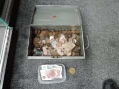 A metal storage tin containing GB Coins, Half Penny to Half Crown, many coins seen, heavy lot, small