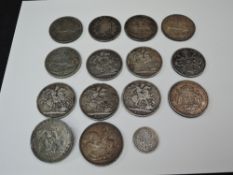 A collection of GB Silver Coins, George III 1819 Crown made into a broach, Queen Victoria 1845, 1889