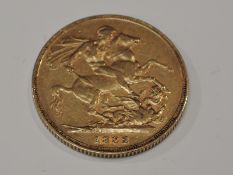 A Queen Victoria 1882 Gold Sovereign, Melbourne Mint, Young Head