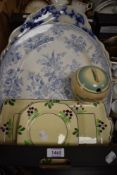 Two blue and white meat platters, a Handcraft Ware sandwich plate and four tea plates in autumnal