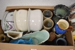 An assortment of items including three vintage bedpans, a Dartmouth Pottery polka dot jug AF, two