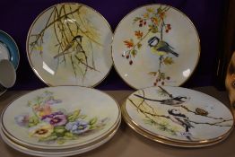 Seven decorative display plates hand decorated by Mary Martindale depicting garden birds, flowers