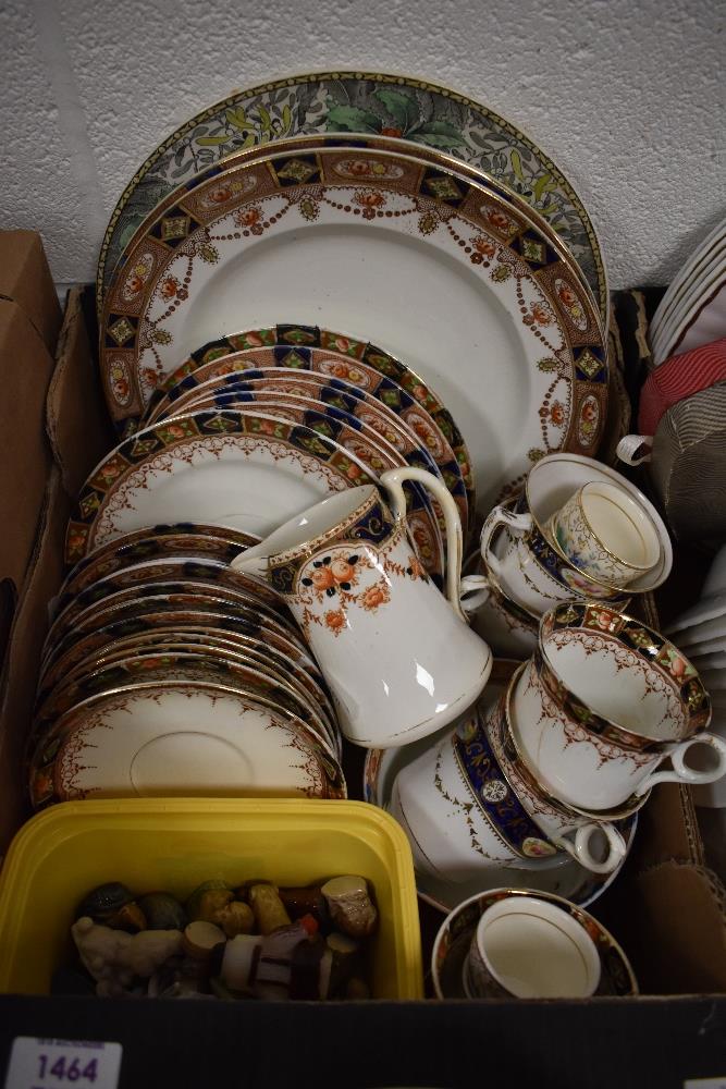 An Adams New England Winter Scene display plate, a part tea service having blue, brown and gilt