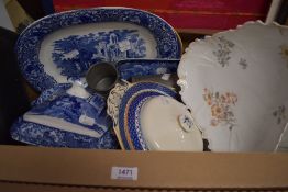 A selection of George Jones blue and white Abbey plates, biscuit jar, tureens etc, also included are