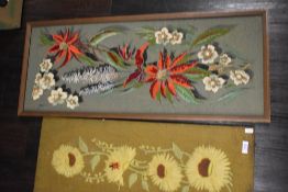 Two 20th Century needlework embroideries depicting floral arrangements, to comprise a sunflower