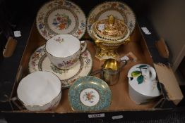 A small carton of ceramics including two 'Derby Posies' Royal Crown Derby tea cups, two Minton '
