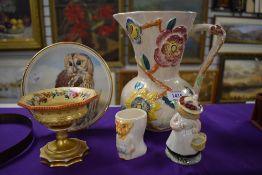 An Arthur Wood floral lustre jug, a family of Tawny Owls display plate and a Royal Doulton 'Lady