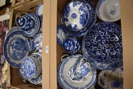 Two boxes of blue and white ware including Copeland Spode 'Italian' Mason's and Wedgwood bowls,