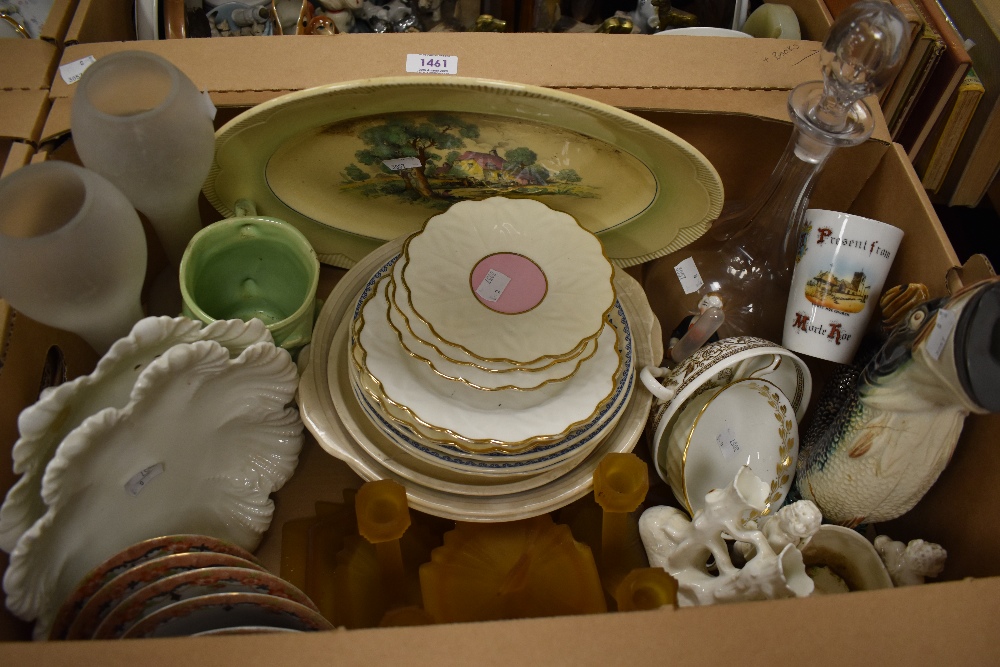 A vintage 1920's ochre glass dressing table set, a Coalport frilled edge bowl and another similar