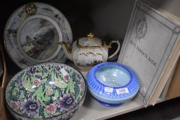 A Shelley squat bowl having blue and aqua decoration AF, a large Coalport limited edition No.1325/