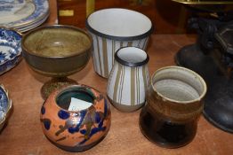 A group of studio and other pottery, to comprise two Denby vases of matching design, a Greenrigg