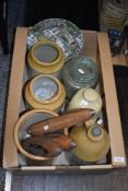 A collection of 19th Century stoneware glazed storage jars, a ceramic hot water bottle, an H.
