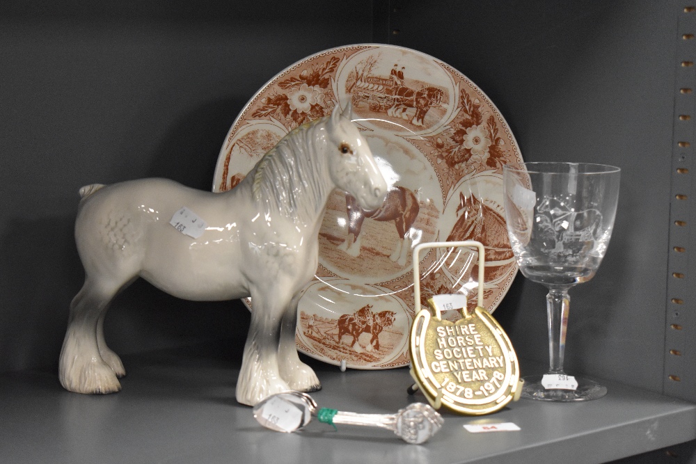 A Beswick Grey Shire horse, 23cm long, and associated collectables, including a brass Shire Horse