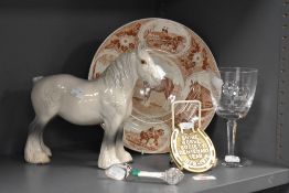A Beswick Grey Shire horse, 23cm long, and associated collectables, including a brass Shire Horse