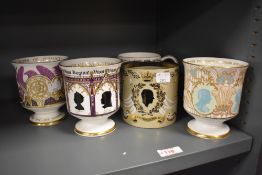 Five Wedgwood and Coalport commemorative mugs and goblets, including three limited edition