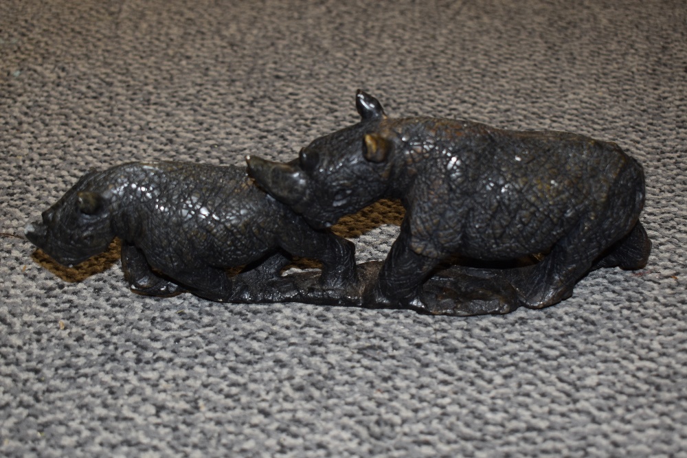 Two 20th Century stone carved and textured rhinoceros and elephant ornaments, the largest - Image 4 of 4