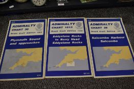Three Admiralty Navigation Charts (Cornwall, Plymouth Sound, Salcombe Harbour, Eddystone Rock to