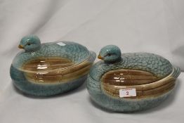 A pair of Art Deco Shorter & Son Partridge hens on nests, measuring 15cm high