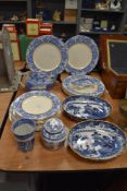 An assorted collection of blue and white ware, including Myott Son & Co. 'Ye Olde Willow'