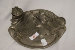 A 20th Century French pewter inkwell and stand, of Art Nouveau design, with incised signature to the