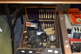 An assortment of items, including part canteen of cutlery, pewter tankards, toast rack, ash tray and