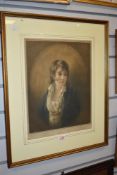 A framed, glazed and mounted vintage print of a young boy in a blue coat, after Henry Raeburn.
