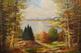 Nicol (20th Century), oil on canvas, A colourful landscape depicting a forest opening out towards an